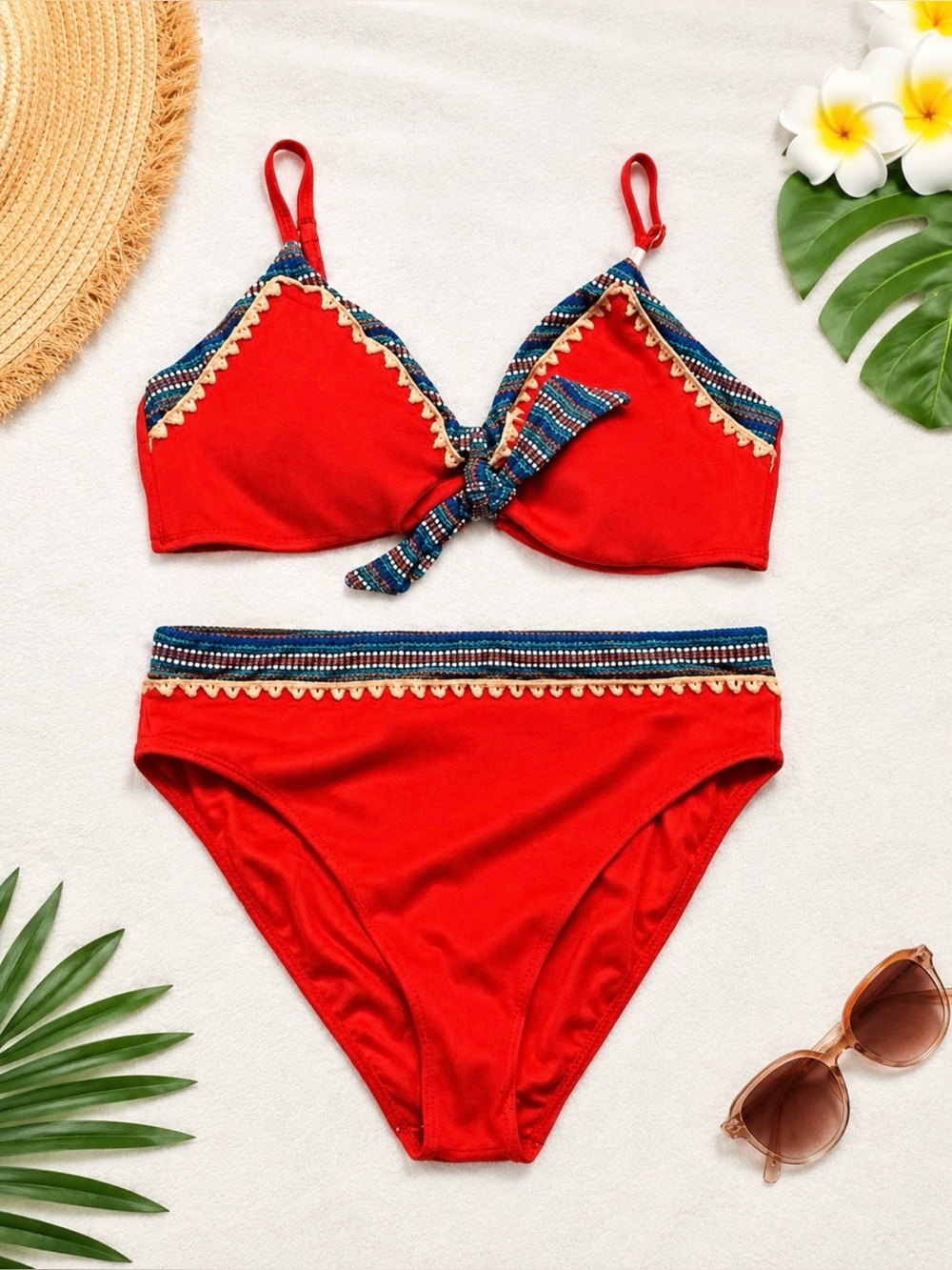 SWIMSUITS FOR ALL Vibrant Red Ribbed Bikini w/Geometric Trim Adjustable Straps